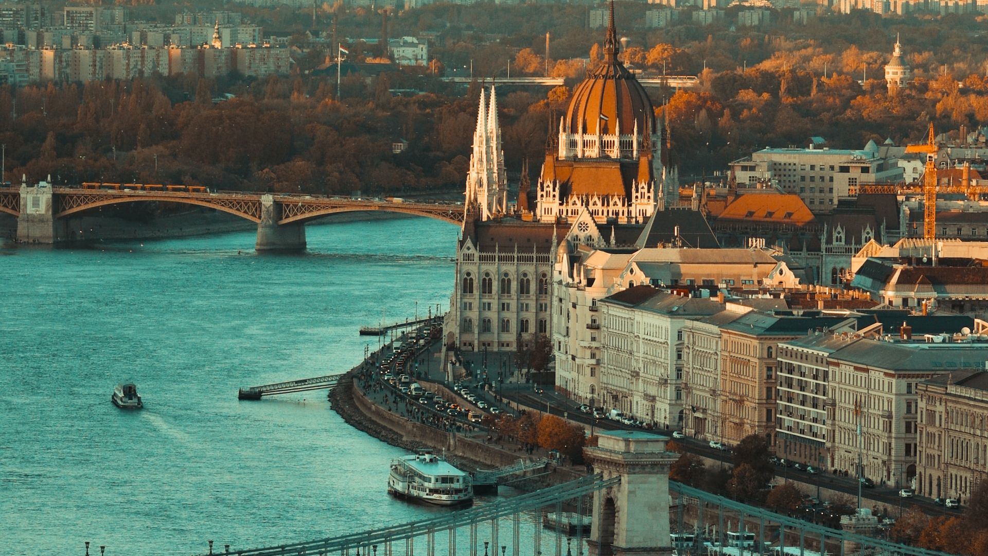 Overhead view of Danube and Parliament in Budapest
